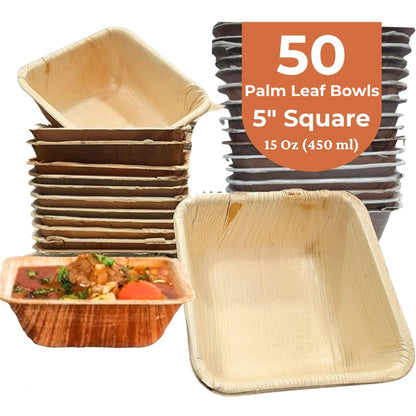 Dtocs 5 Inch Square Palm Leaf Bowls Set (50) | 15 Oz Bamboo Bowls Disposable Like Sturdy, Leak Proof Compostable Bowls | Serving Bowls for Fruit, Cereal, Soup | Alternate to Plastic, Wooden Bowls