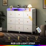 Yoobure Dresser for Bedroom with Charging Station and LED Lights, Tall TV Stand with 10 Storage Drawers, Fabric Wood Dressers & Chests of Drawers for Kids Bedroom Closet Organizer, White Yoobure