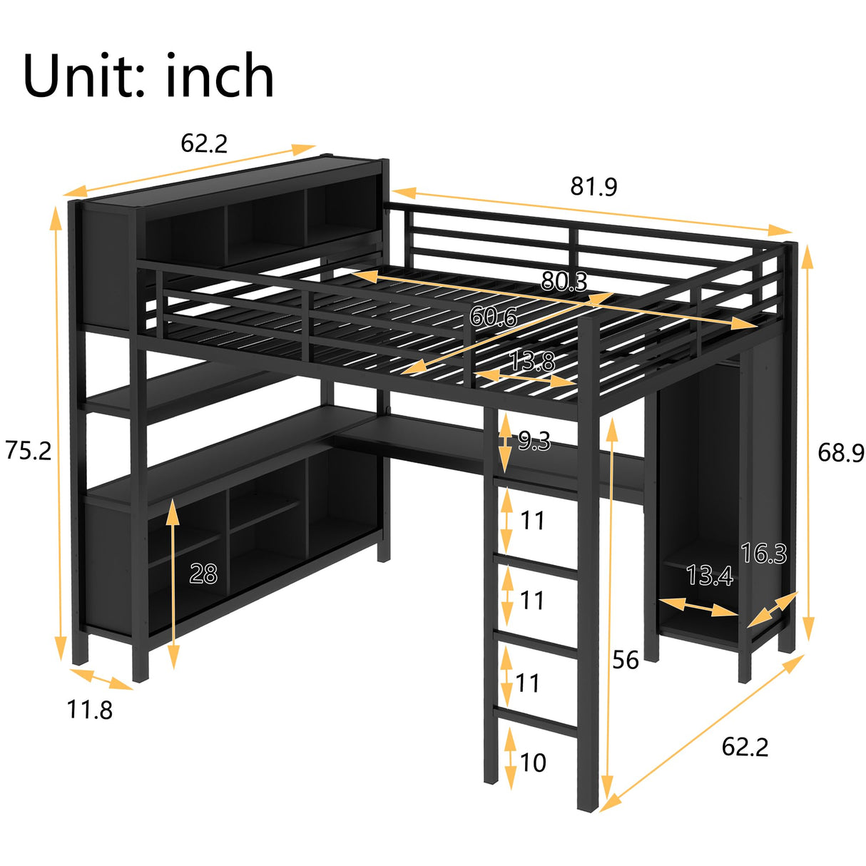 Queen Loft Bed with Wardrobe and Storage Cubes, Queen Size Loft Bed with Desk and Storage Shelf, Metal Loft Bed with Guardrail, Queen Size Loft Bed for Adults, Teens, Kids(Black Queen) Bellemave
