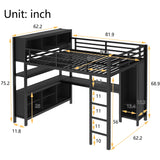 Queen Loft Bed with Wardrobe and Storage Cubes, Queen Size Loft Bed with Desk and Storage Shelf, Metal Loft Bed with Guardrail, Queen Size Loft Bed for Adults, Teens, Kids(Black Queen) Bellemave