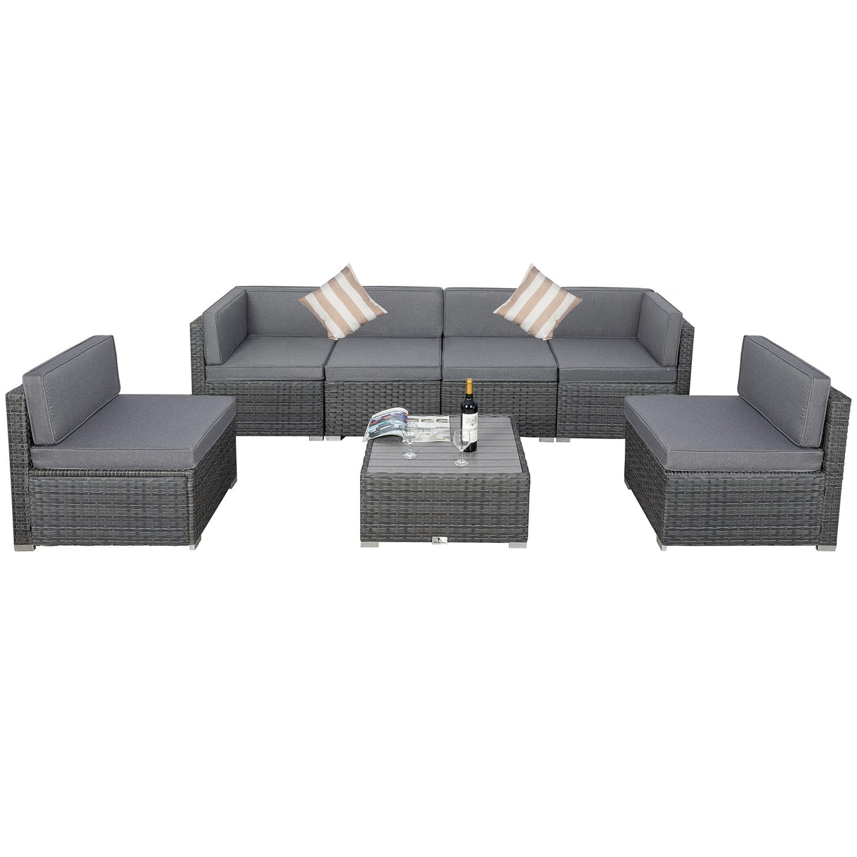Welpatio Outdoor Patio Furniture Sets, 7 Pieces PE Rattan Wicker Outdoor Sectional Sofa Patio Conversation Set with Cushions and Coffee Table, Light Gray/Gray Welpatio