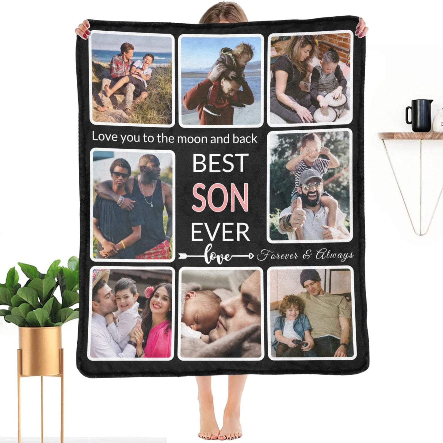 SHIYEL Gifts for Son Customized Blanket with Photo, Make a Personalized to My Son Blankets with Picture Custom Memories Souvenir Sublimation Throw Blanket for Best Son Ever, 8 Collage Made in USA