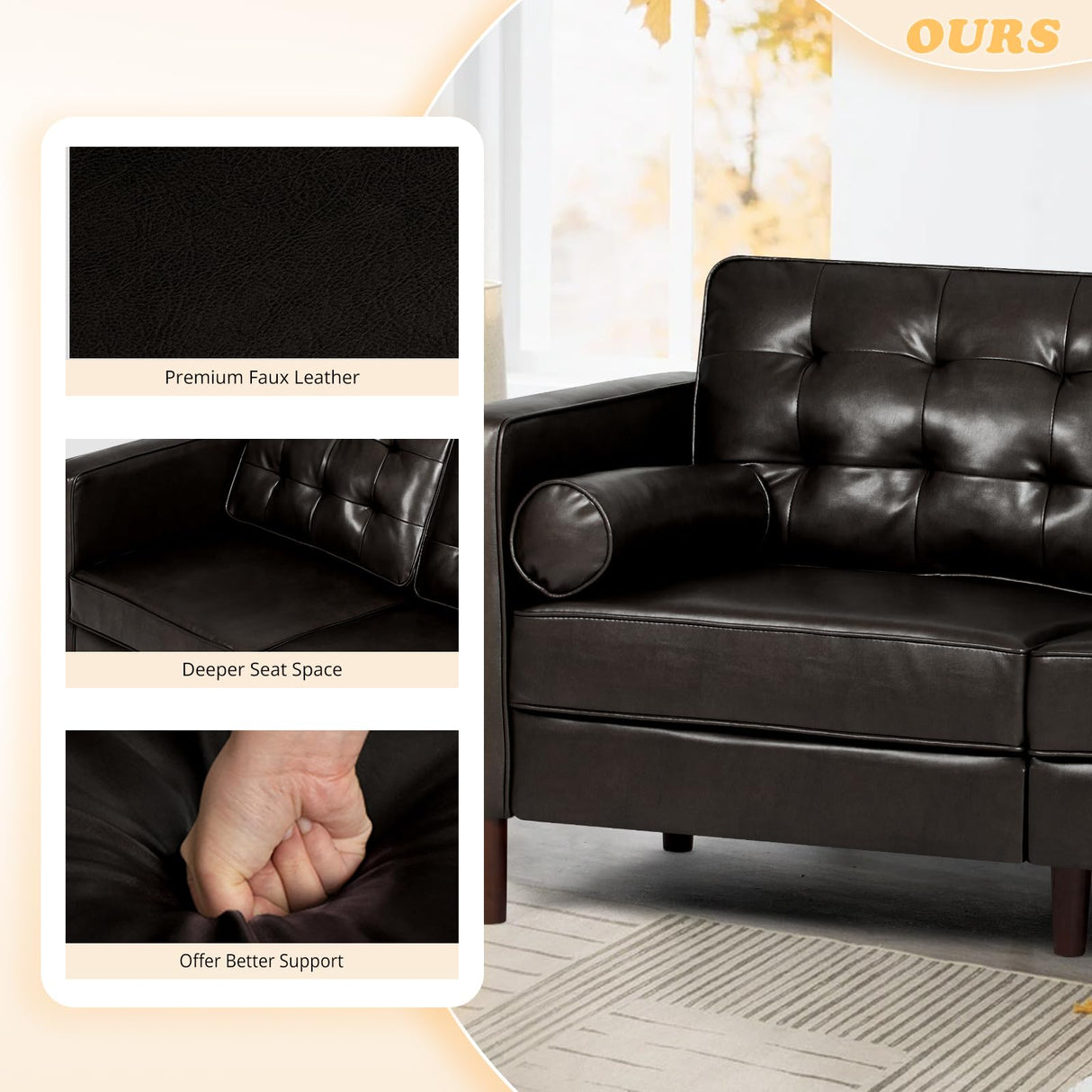 ACMEASE 67" Premium Faux Leather 2-Seater Sofa with 2 Bolster Pillows and Tufted Backrest, Mid-Century Modern Loveseat Sofa, Luxury Couch for Living Room, Bedroom, Office, Dark Brown ACMEASE