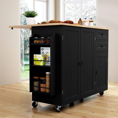 HLR Kitchen Island with Storage, Rolling Kitchen Island on Wheels with Drop-Leaf Bar Countertop, Island Table for Kitchen with Side Open Spice Rack and Tower Rack, Extra Storage for Kitchen HLR