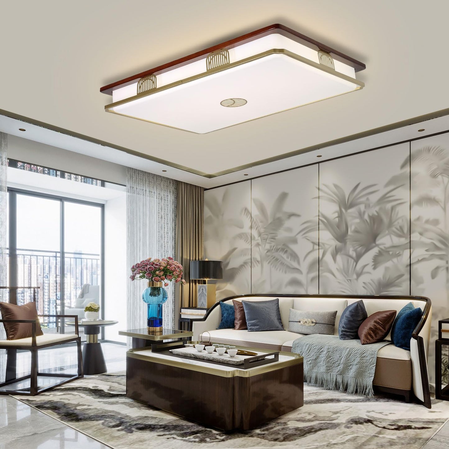 Dimmable Modern LED Ceiling Light, 38'' Large Rectangular Ceiling Lamps with Remote Control, Wood Flush 3000K-6000K Mount Light Fixtures for Living Room Dining Room Bedroom - WoodArtSupply