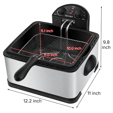 Secura 1700-Watt Stainless-Steel Triple Basket Electric Deep Fryer with Timer Free Extra Odor Filter, 4L/17-Cup,Silver Secura
