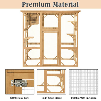 JOVNO Large Outdoor Cat House Catio Kitty Enclosure with Large Enter Door, Wooden Cat Cage Condo Indoor Playpen with 6 Platforms & Small House (Nature Wood) - WoodArtSupply