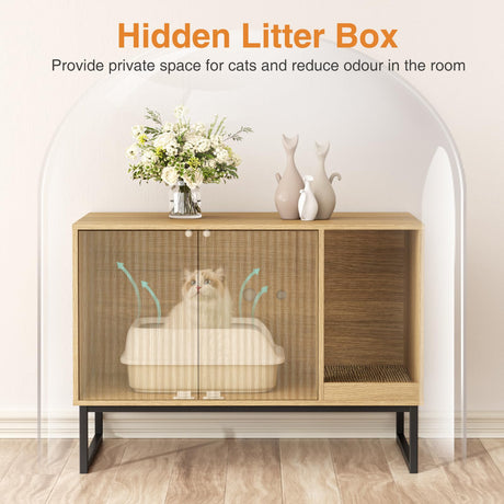 Cat Litter Box Enclosure, Fluted Hidden Litter Box Furniture with Scratch Pad and Metal Legs, Modern Enclosed Cat Cabinet, 31.5 x 17.7 x 21.7 Inches Indoor Pet House for Living Room, Washroom, Natural FiveWillowise