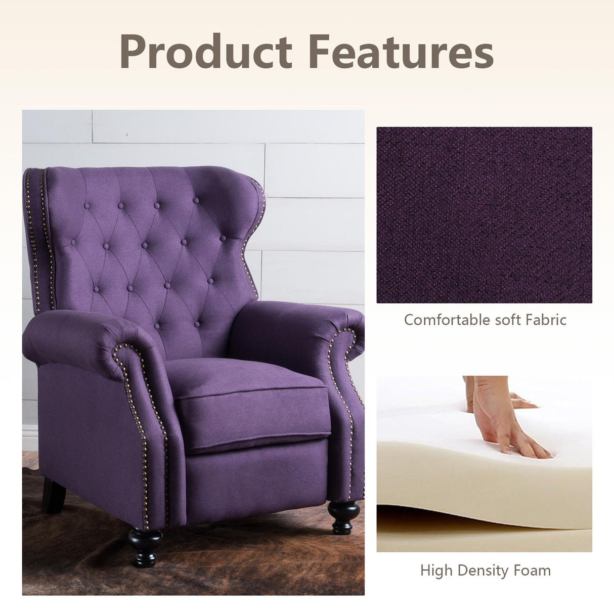 Pushback Recliner Chair, Fabric Armchair Push Back Recliner with Rivet Decoration, Mid Century Wingback Accent Chair for Living Room, Bedroom, Stable Hump Feet (Purple) anwickjeff
