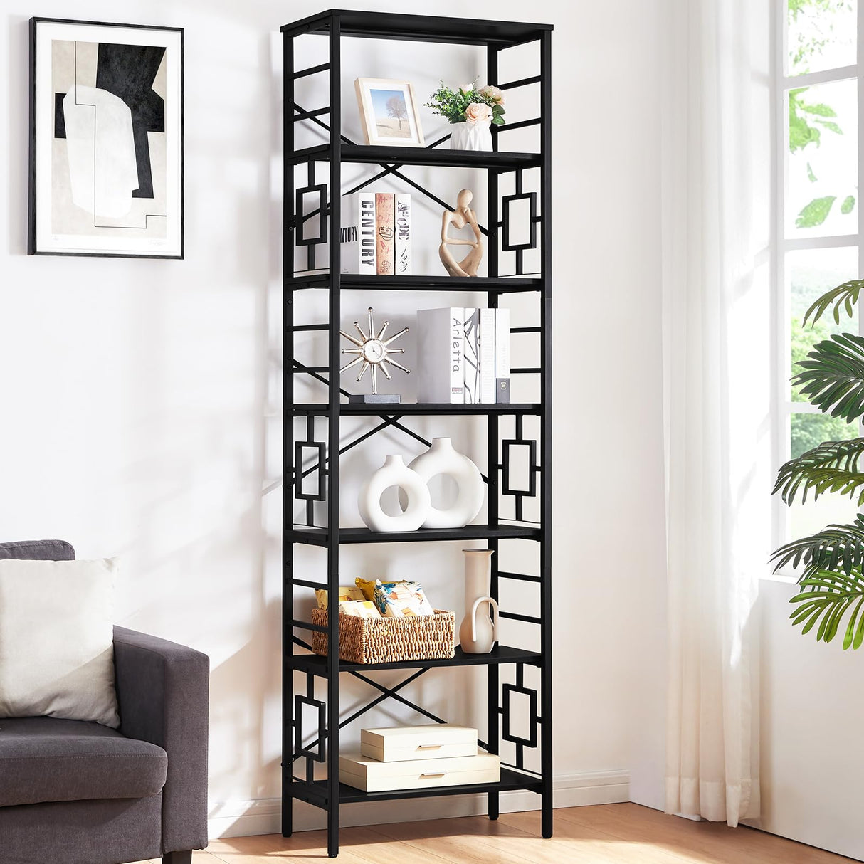 HOMISSUE Tall Bookshelf, 84 Inch Industrial Bookshelf with Metal Frame and Open Shelves, 7 Tier Metal Bookshelves and Bookcases, Rustic Tall Book Shelf for Office, Living Room and Bedroom, Black HOMISSUE