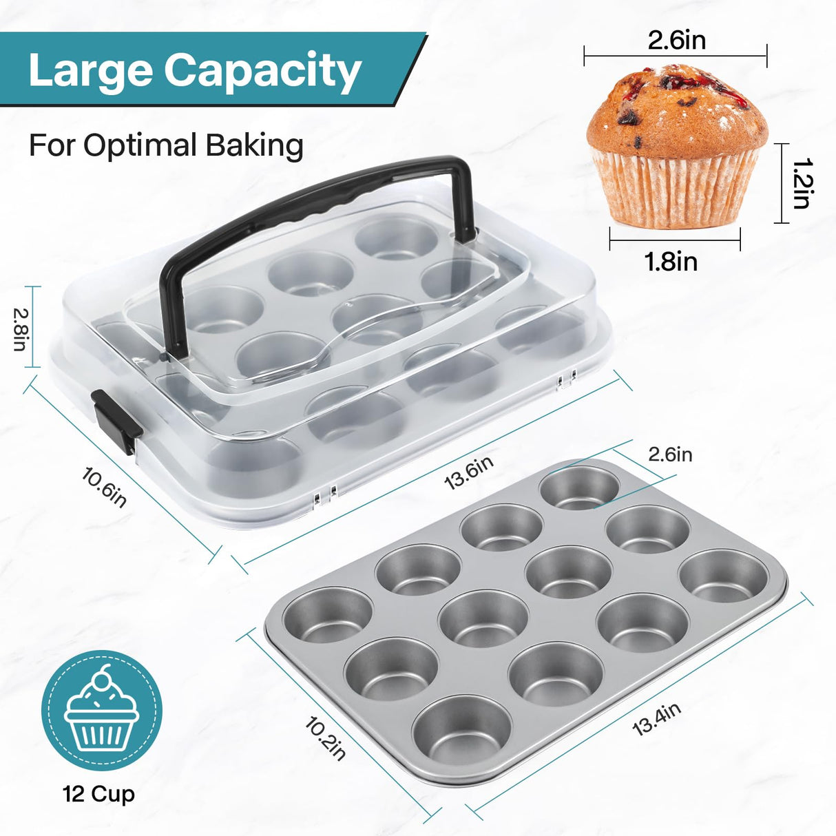 Spmarkt 2-Pack Muffin Pan with Carry Lid, Non-Stick 12-Cup Muffin Tin, Silver Cupcake Pan with Lid and Handle for Transporting, Suitable for Party, Holiday, Gathering etc Spmarkt