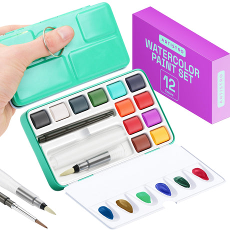 ARTISTRO Watercolor Paint Set in 12 Colors - Travel Watercolor Set with Metal Case & Bright Watercolors - Portable Set for Beginners & Amateur Artists ARTISTRO