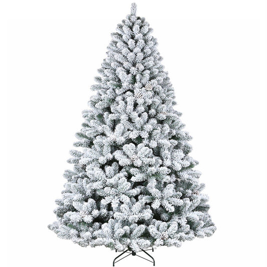 Hykolity 6.5 ft Snow Flocked Artificial Christmas Tree with Pine Cones, 764 Tips, Metal Stand and Hinged Branches