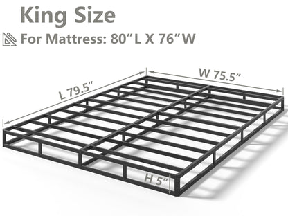 Vitverve Box Spring King, 5 Inch High Metal King Size Box Spring Only, Heavy Duty Mattress Foundation with Fabric Cover, Easy Assembly, Quiet Noise Free, Non Slip, Black