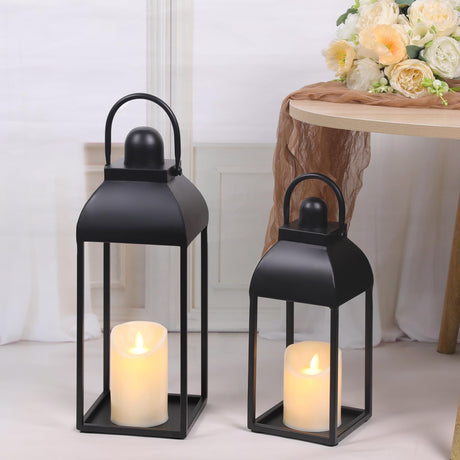 MATAHUM Lanterns Decorative Outdoor Indoor, Black Metal Outdoor Lanterns, 17'' 13'' Set of 2 Modern Farmhouse Candle Lantern Halloween Lanterns Centerpieces for Home, Wedding, Patio, Porch, Mantel MATAHUM