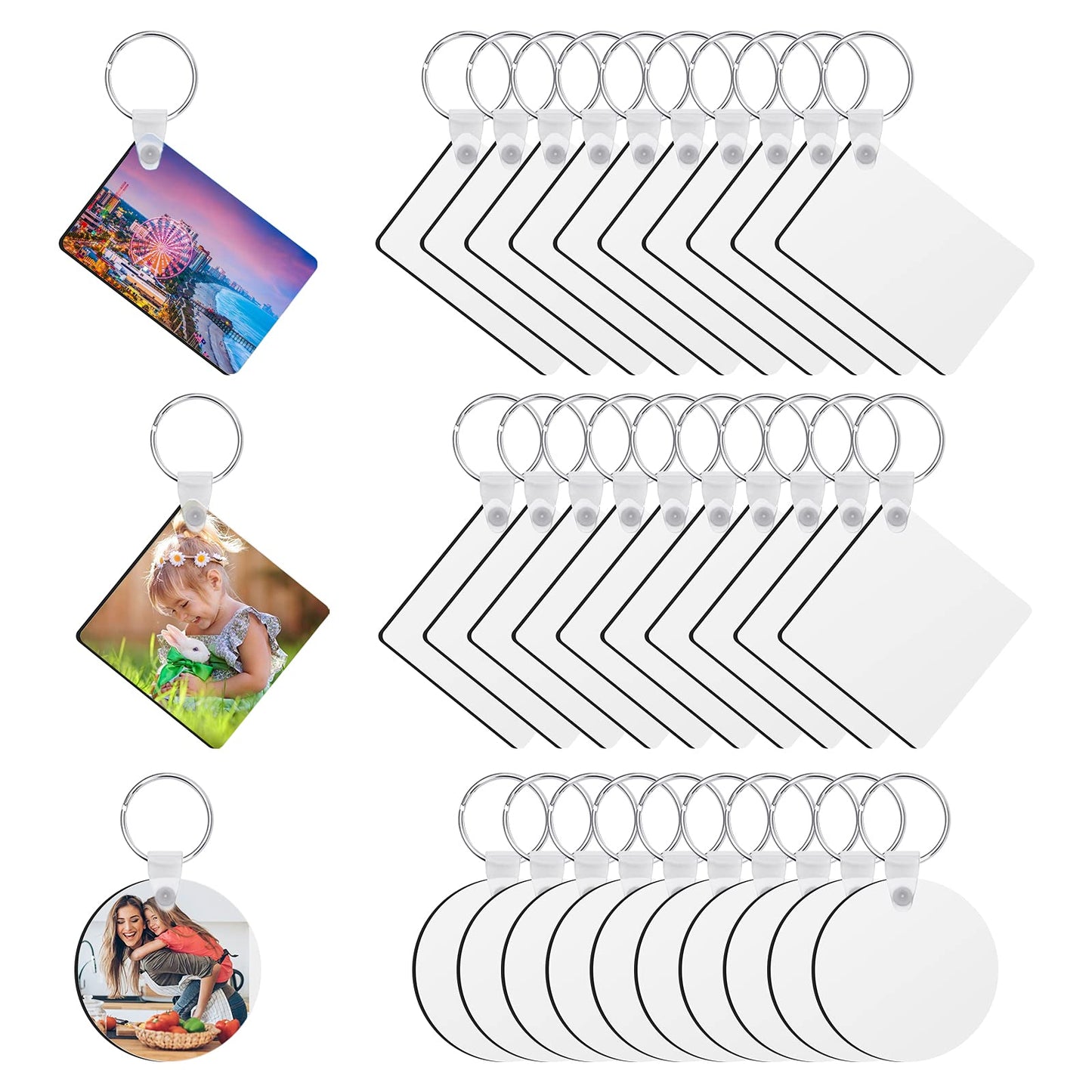 Coolrunner Sublimation Blank Keychain 30PCS Heat Transfer Keychain Double-Side Printed DIY MDF Blank Keychain （Square, Round, Rectangle）