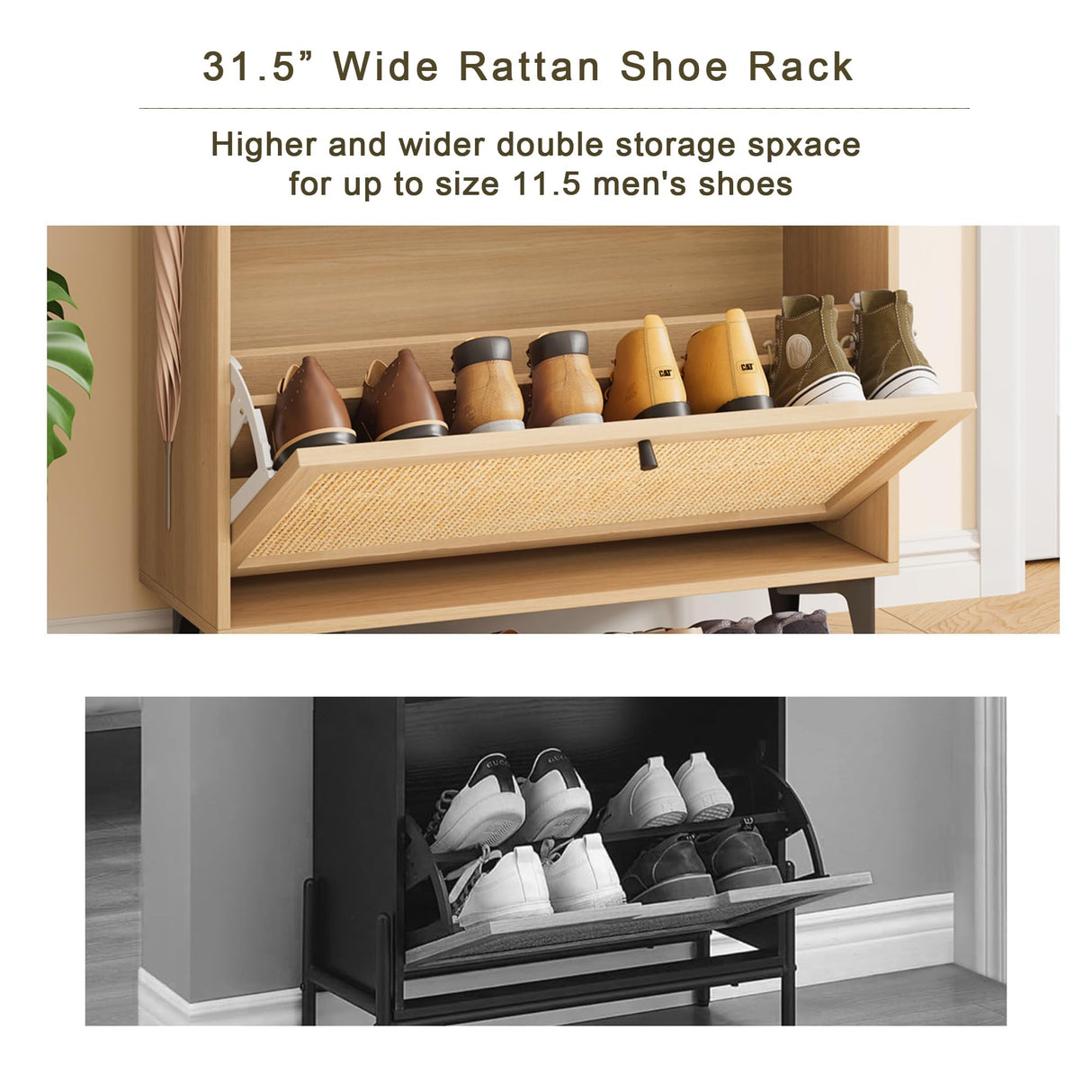 Jocoevol Rattan Shoe Cabinet Storage with 2 Flip Drawers & 2 Drawers, Freestanding Narrow Wood Shoe Cabinet with Metal Legs for Entryway Hallway, Light Black Jocoevol