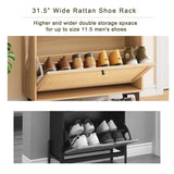 Jocoevol Rattan Shoe Cabinet Storage with 2 Flip Drawers & 2 Drawers, Freestanding Narrow Wood Shoe Cabinet with Metal Legs for Entryway Hallway, Light Black Jocoevol