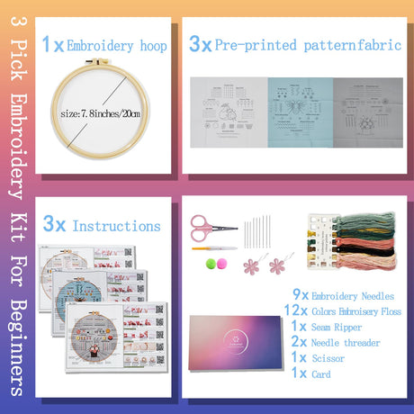 Jyphorixal Embroidery Kit for Beginners Adults Cross Stitch Starter Kit Needle Point Supplies 33 Basic Stitches in 3 Set, DIY Craft Lover Starter Hand Stitch (Flower) Jyphorixal