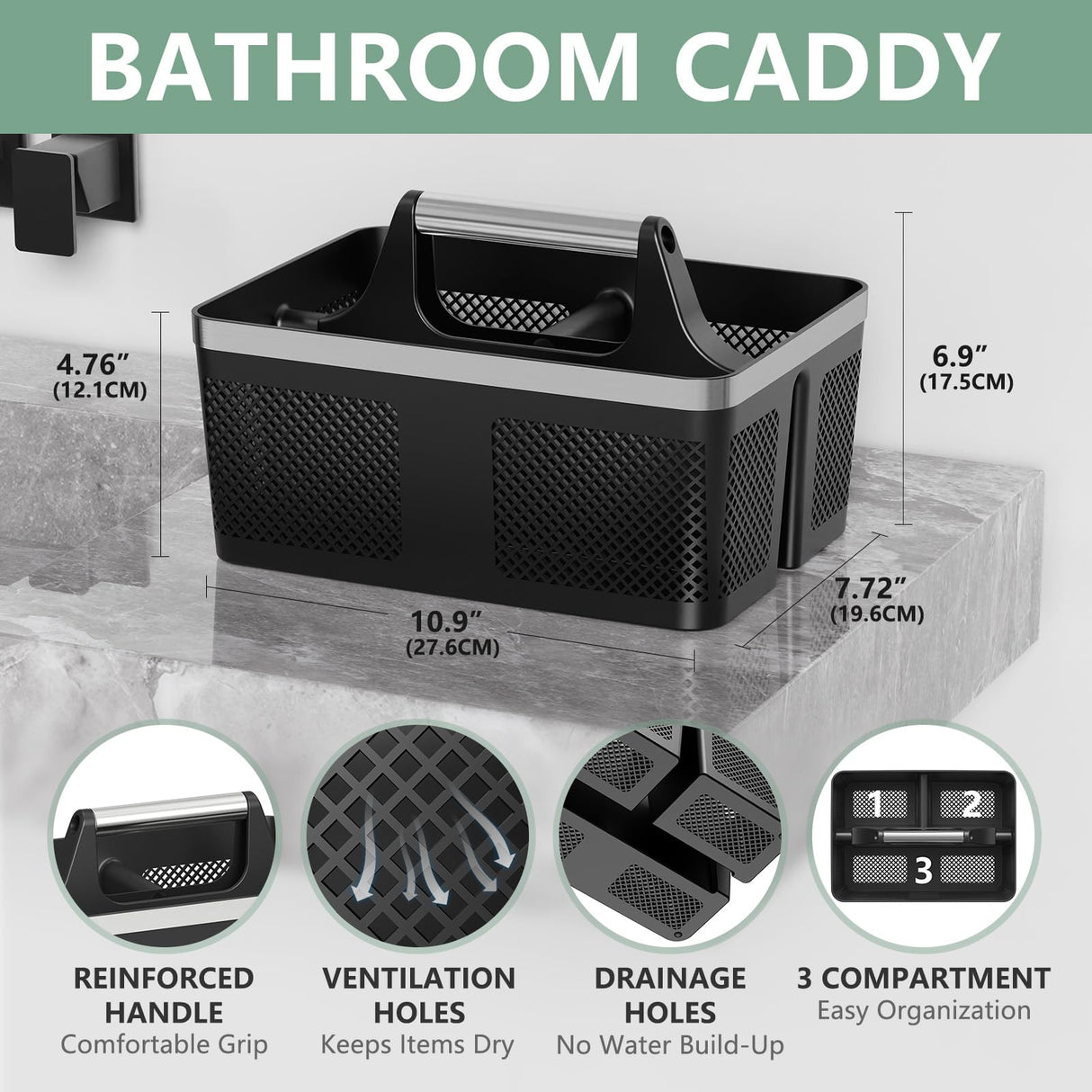 BYUNER Black Shower Caddy Portable: Plastic Bathroom Caddy Organizer with Handle and Holes, Cleaning Caddy, Hard Shower Basket Storage Tote for Toiletry, College Dorm Room Essentials for Men BYUNER