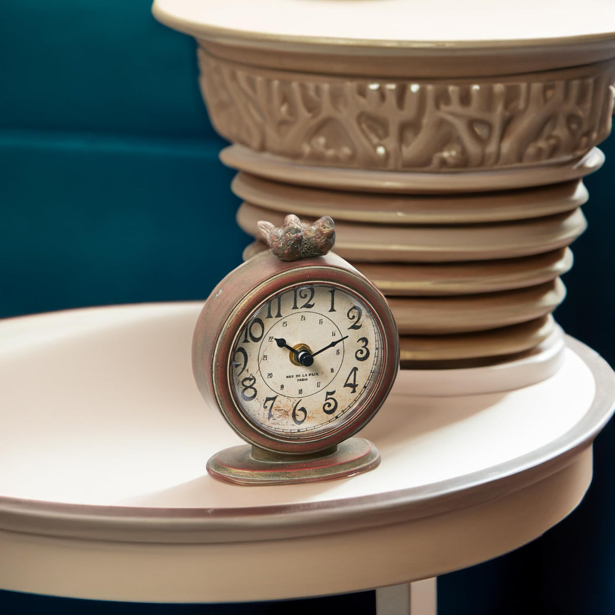 Creative Co-Op Vintage Pewter Mantel Clock with Birds, Distressed Brown Creative Co-Op