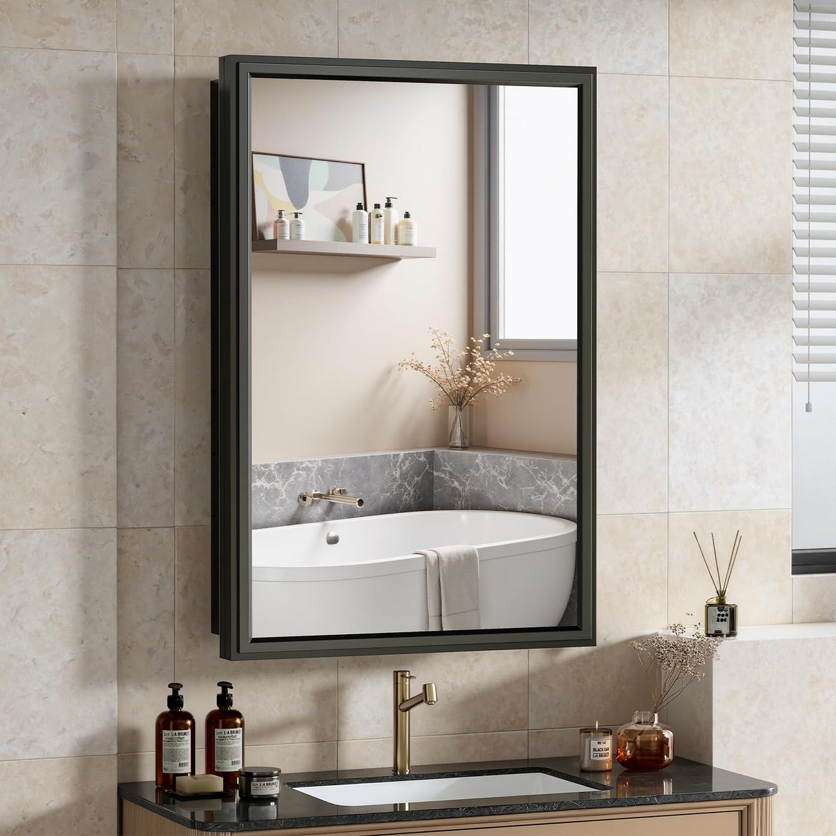 BOHMIROO 16x24 Inch Medicine Cabinet Mirror for Bathroom Recessed Medicine Cabinet with Mirror or Surface Wall-Mounted Aluminum Alloy Framed Bathroom Cabinet Mirror Black Metal BOHMIROO