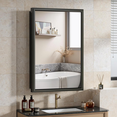BOHMIROO 16x24 Inch Medicine Cabinet Mirror for Bathroom Recessed Medicine Cabinet with Mirror or Surface Wall-Mounted Aluminum Alloy Framed Bathroom Cabinet Mirror Black Metal BOHMIROO