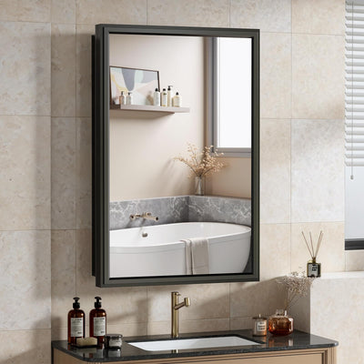BOHMIROO 16x24 Inch Medicine Cabinet Mirror for Bathroom Recessed Medicine Cabinet with Mirror or Surface Wall-Mounted Aluminum Alloy Framed Bathroom Cabinet Mirror Black Metal