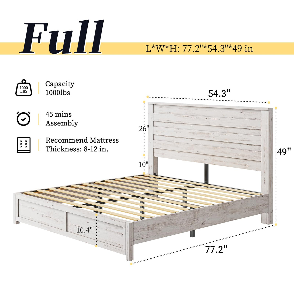 LUXOAK Farmhouse Full Bed Frame with 49" Tall Headboard, Wooden Platform Bed with Hidden Metal Bed Frame, No Box Spring Needed/Noise Free, Distressed White LUXOAK