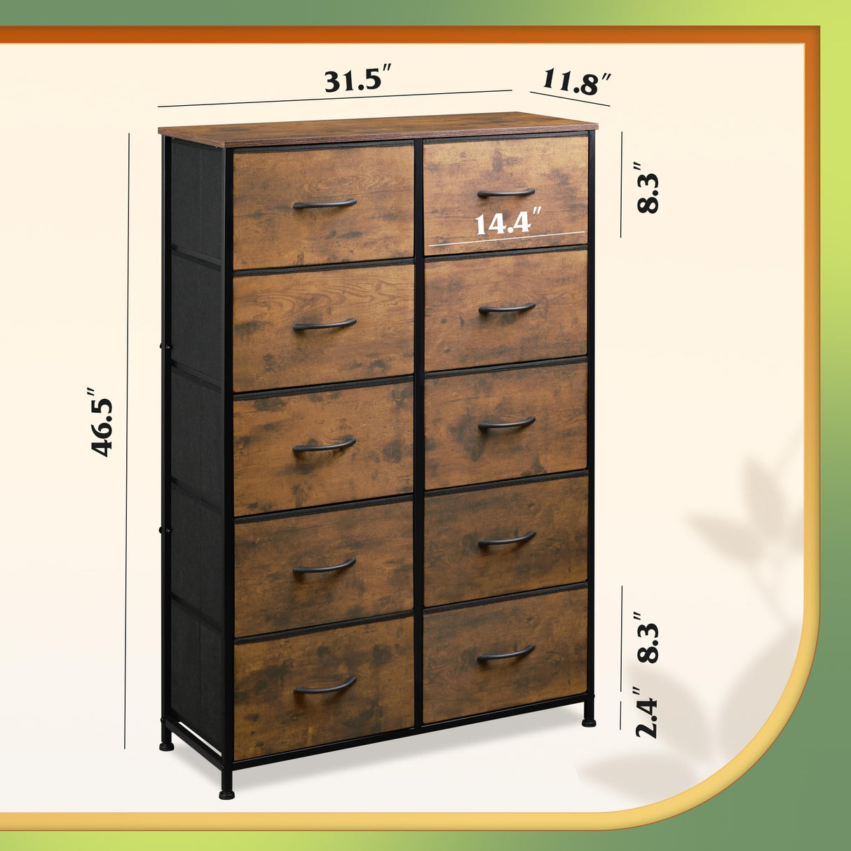 WLIVE Tall Dresser for Bedroom with 10 Fabric Drawers, Organizer Units for Closet, Storage Tower with Cabinet, Metal Frame, Rustic Brown Wood Grain Print Dressers WLIVE