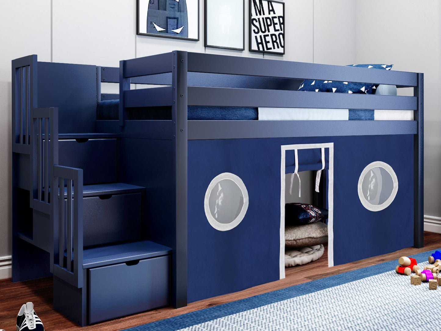 JACKPOT! Contemporary Low Loft Twin Bed with a 3 Drawer Stairway, Blue with Blue & White Tent