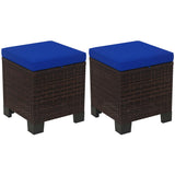 Outsunny 2 Pieces Outdoor Patio Ottomans, All Weather Wicker Outdoor Footstools with Removable Cushions, 3-in-1 PE Rattan Ottoman Seat, Footrest and Side Table for Backyard, Poolside, Dark Blue Outsunny