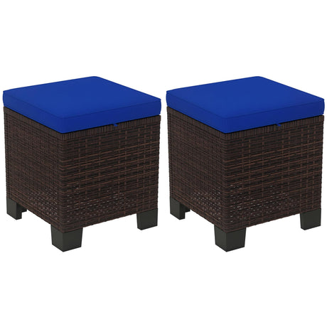 Outsunny 2 Pieces Outdoor Patio Ottomans, All Weather Wicker Outdoor Footstools with Removable Cushions, 3-in-1 PE Rattan Ottoman Seat, Footrest and Side Table for Backyard, Poolside, Dark Blue Outsunny