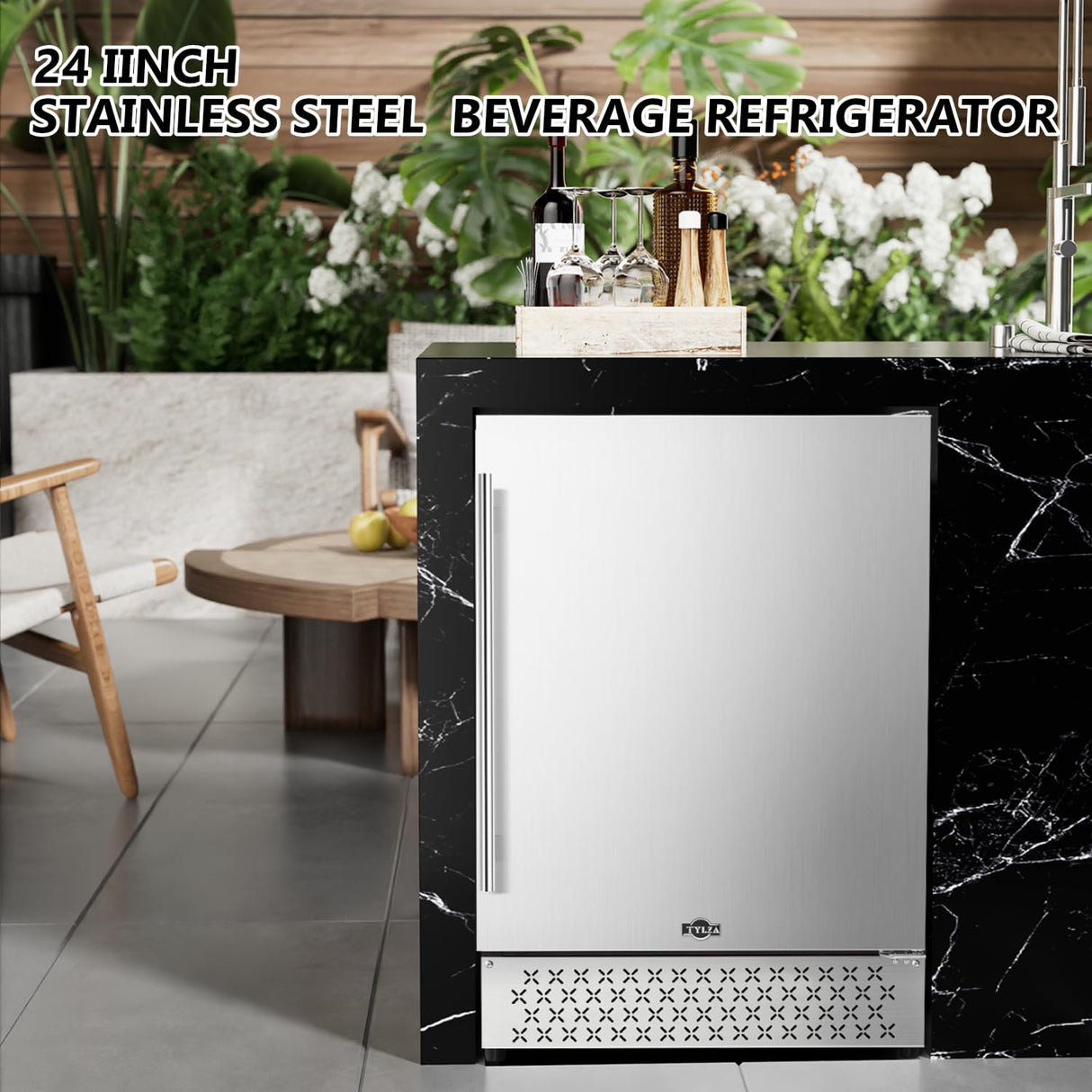 Tylza Outdoor Beverage Refrigerator 24 Inch, Stainless Steel Under Counter Beverage Cooler, 190 Cans Beer Fridge Built-in and Freestanding Beverage Fridge Tylza
