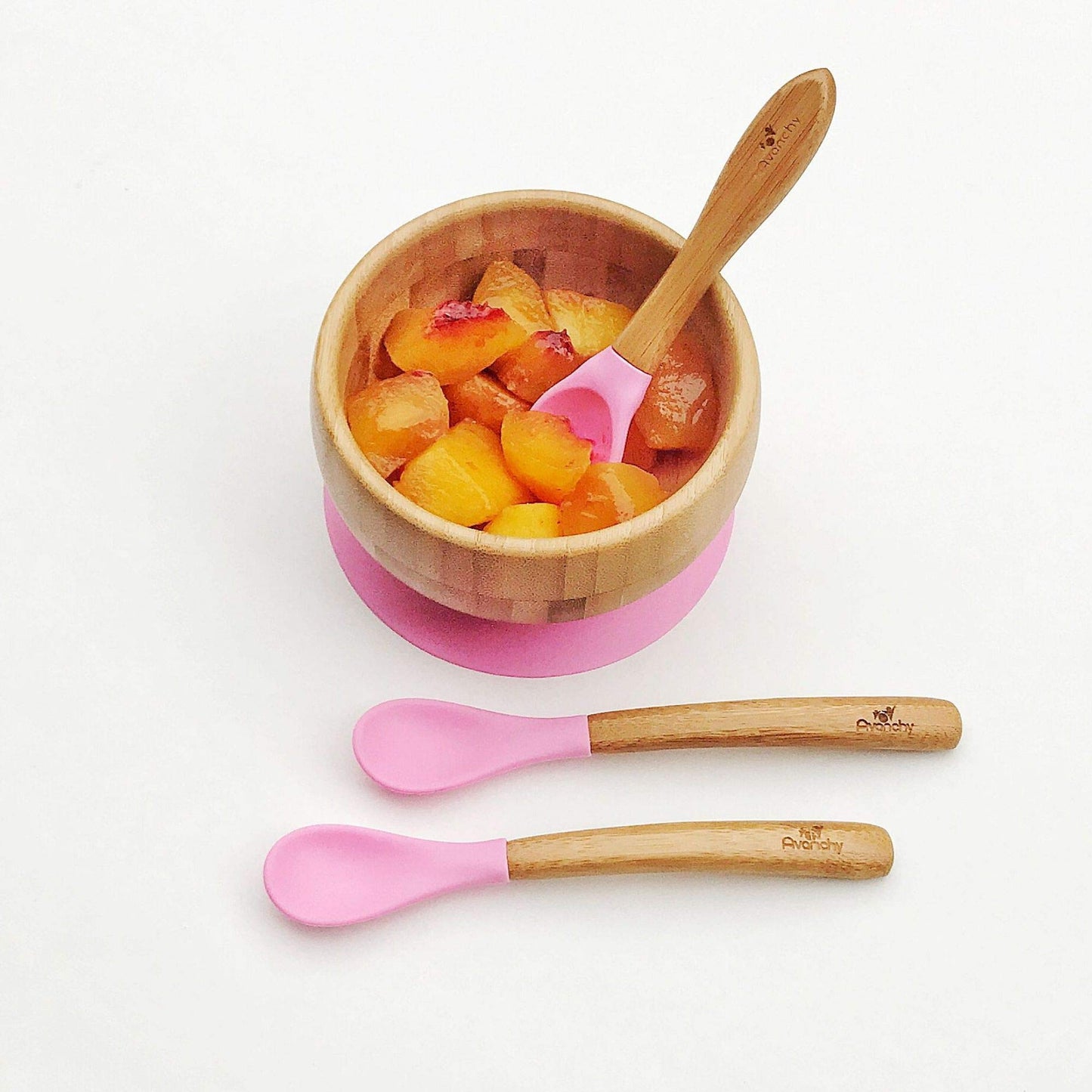 Avanchy Bamboo & Silicone Infant Training Spoons, BPA Free - Soft Tip, Easy on Gums, First Stage Feeding Utensils for Baby-Led Weaning, Self-Feeding, Orange