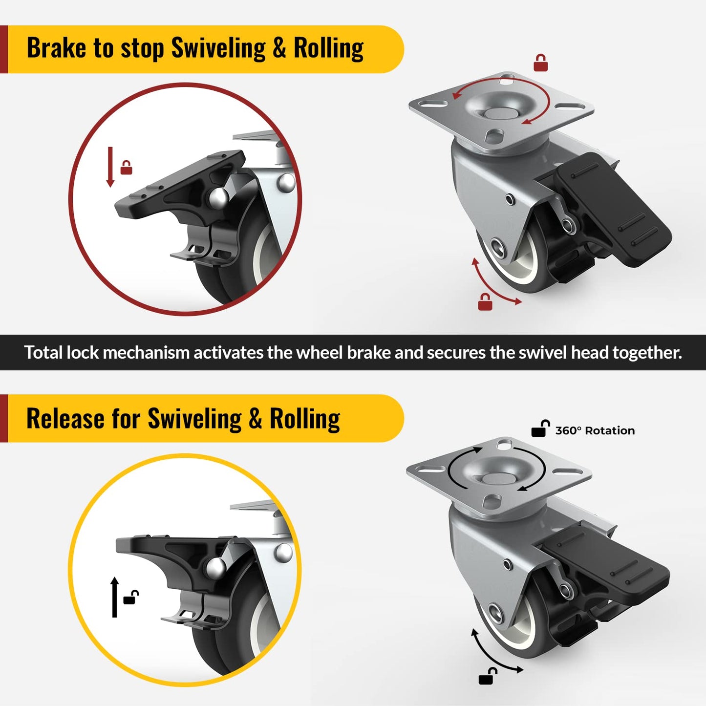 2 inch Swivel Caster Wheels Set of 4 - Heavy Duty Casters for Furniture - No Noise TPR Wheels - with Screws - Total Capacity 880 lbs (2 with Brakes)