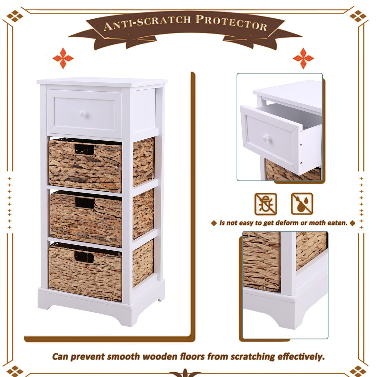 PHI VILLA Storage Cabinet with Baskets, Farmhouse Accent Cabinet Narrow Cabinet with Shelves for Bathroom Entryway Rattan Cabinet with Drawer End Table/Beside Table White PHI VILLA