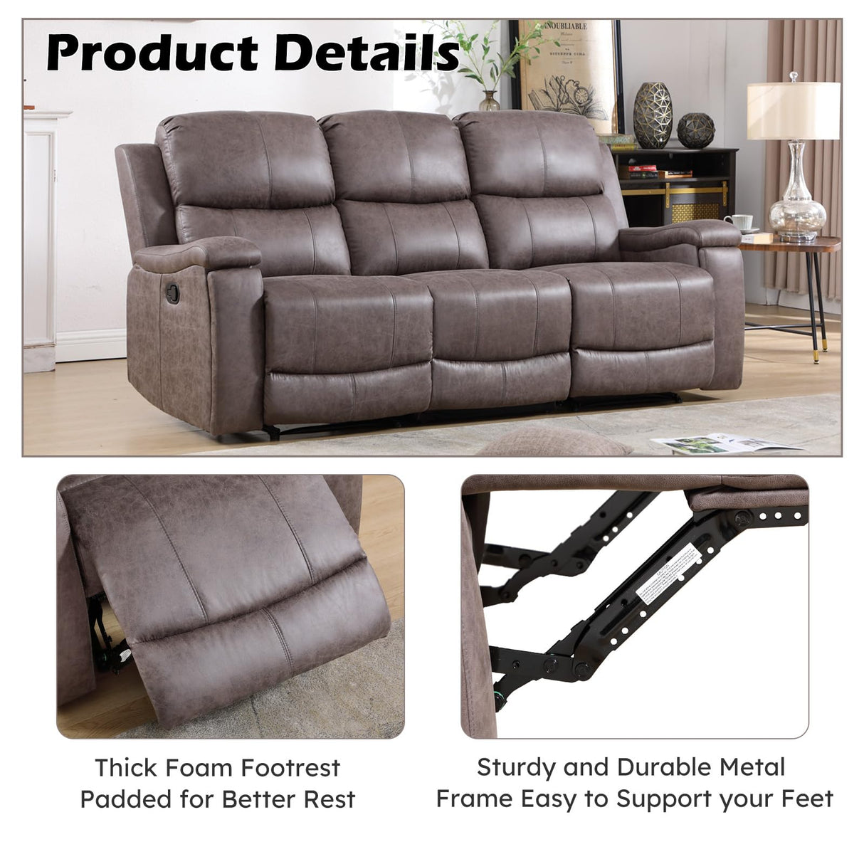 CANMOV Faux Leather Manual Reclining Sofa,3 Seat Recliner Couch Sofa with Overstuffed Arms and Back,Manual Recliner Sofa Set with Concealed Cup Holders for Living Room,Grey CANMOV