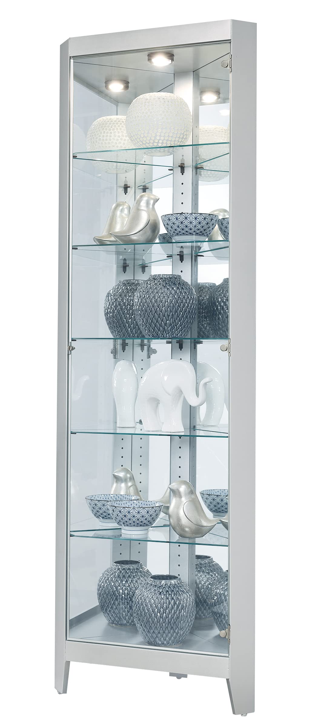 Howard Miller Tamsin II Corner Curio Cabinet – Modern Silver Glass Door Display with Adjustable Shelves Curio Cabinet for Collectibles No Reach Interior Light Best for Home Decor Howard Miller