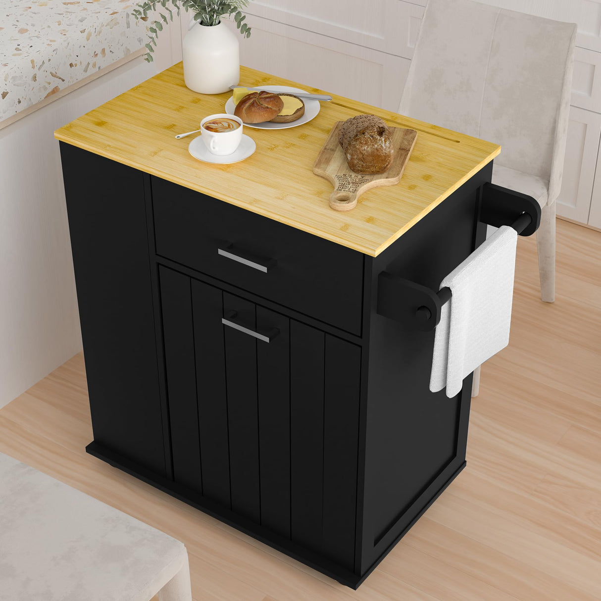 HQZX Rolling Kitchen Island with Trash Can Storage, Portable Kitchen Island on Wheels with Towel Rack & Spice Rack, Tilt Out Trash Can Cabinet with Drawer, Mobile Kitchen Island Cart for Kitchen Black HQZX