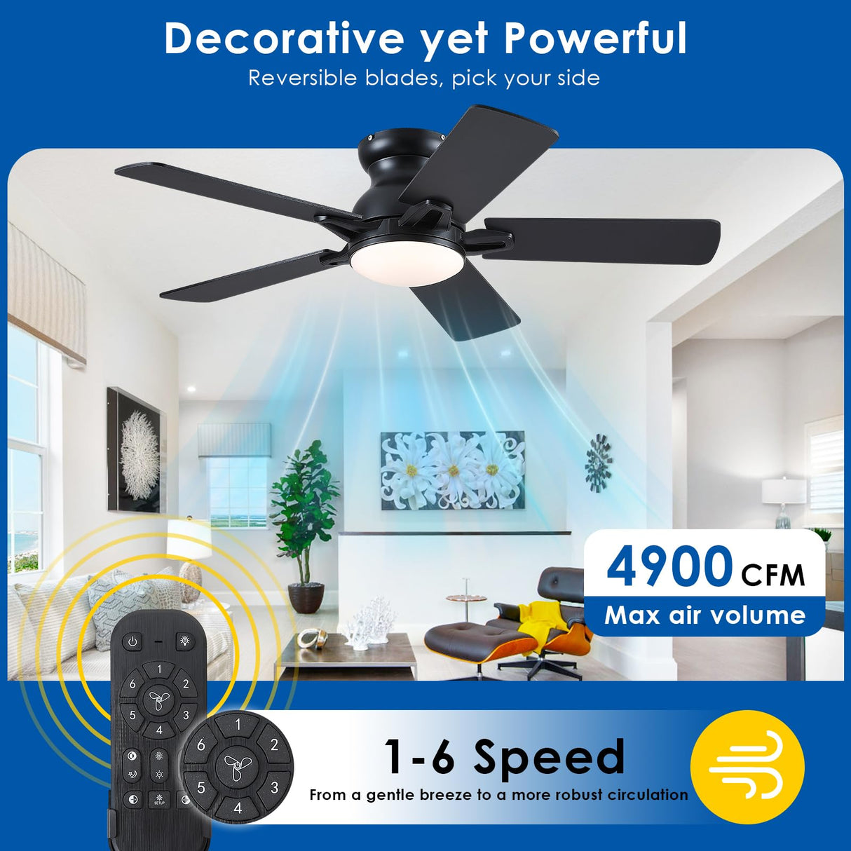 CHESUR 48In Ceiling Fans with Lights Flush Mount - Black Low Profile Ceiling Fan with 5 Dual-Sided Blades, Reversible and 6 Speeds, Indoor/Outdoor Ceiling Fan for Modern Living Room, Bedroom, Patios CHESUR