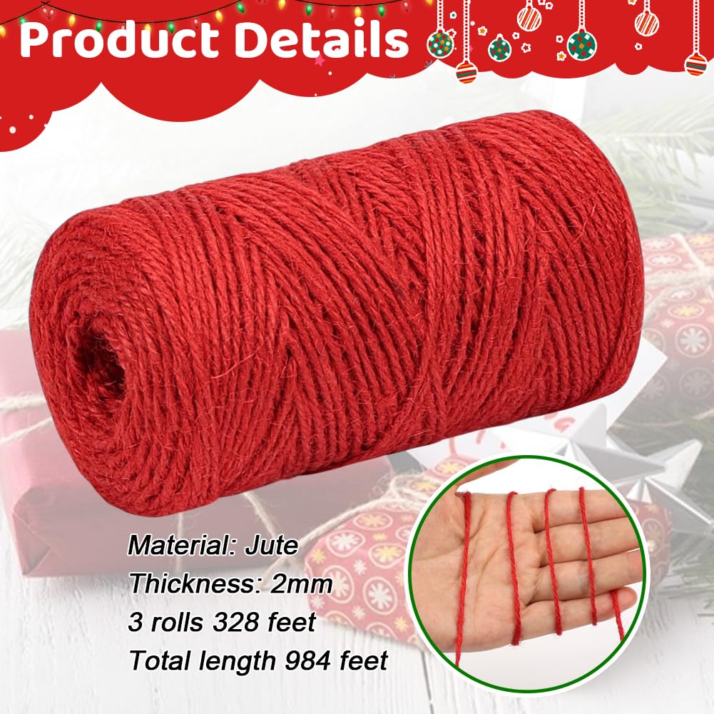 Vivifying Christmas Twine String, 328 Feet x 3 Rolls 2mm Red Green White Jute Twine for Gift Wrapping, Gardening, DIY Crafts, Packing Vivifying