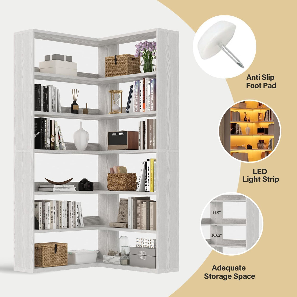 4 EVER WINNER Corner Book Shelf with LED Lights, 71” Corner Bookshelf for Living Room, Study Room, Wooden Storage Display Industrial l Shaped Bookshelf, White 4 EVER WINNER
