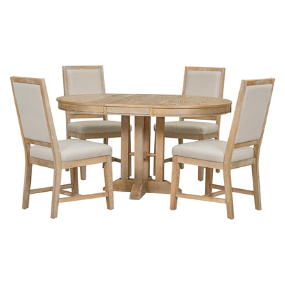 Bellemave 5-Piece Round Dining Table Set for 4 Round Extendable Kitchen Table Set with 4 Upholstered Chairs Farmhouse Round to Oval Dining Room Set for Kitchen, Dining Room (Natural Wood Wash)