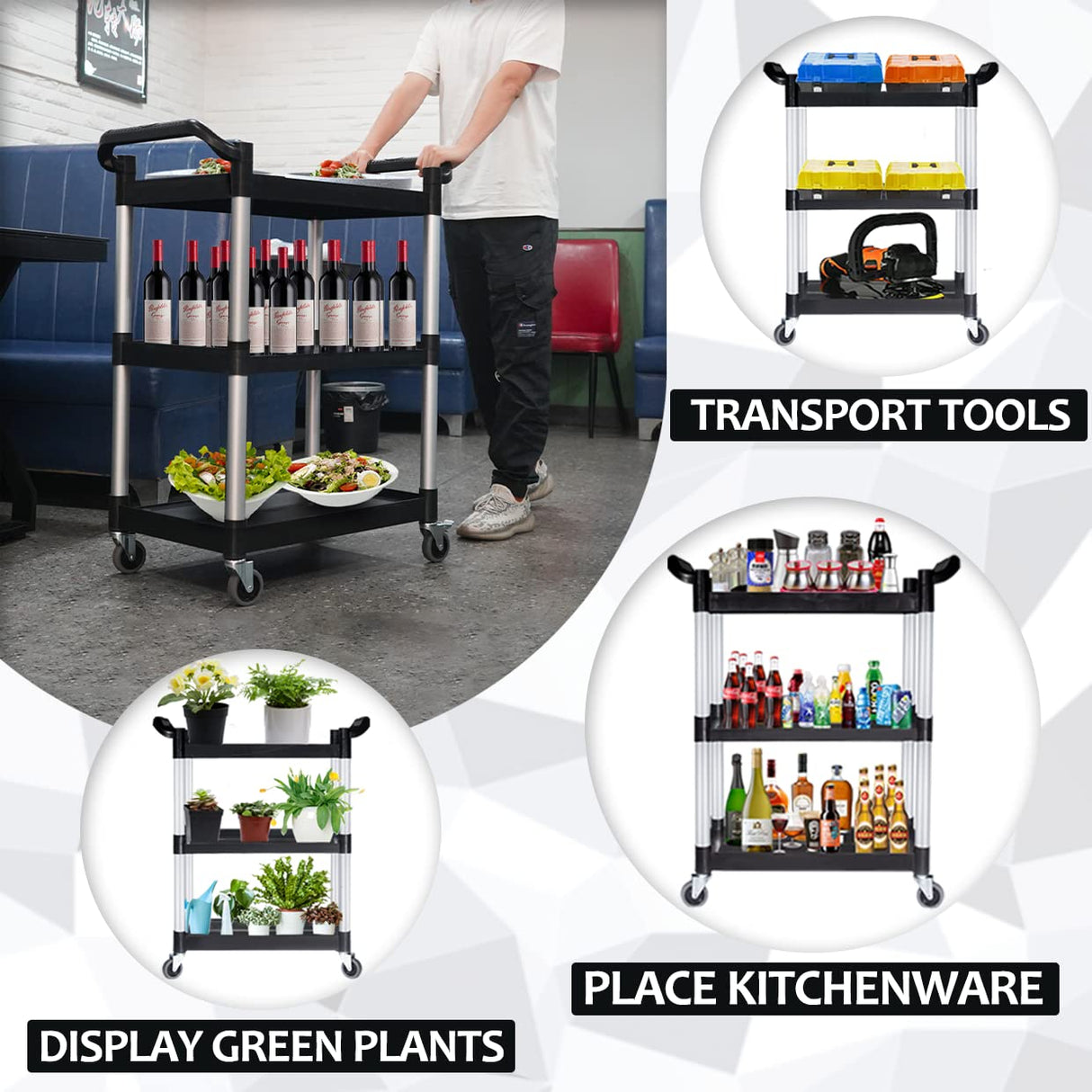 PELOEMNS Plastic Utility Carts with Wheels, Heavy Duty 510lbs Capacity Rolling Service Cart, 3-Tier Restaurant Food Cart with Hammer for Office, Warehouse, Garage (Lockable Wheels, Black) PELOEMNS