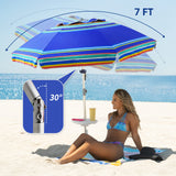 AMMSUN 7ft Heavy Duty High Wind Beach Umbrella Parasols with sand anchor & Tilt Sun Shelter, UV 50+ Protection Outdoor Sunshade Umbrellas Carry Bag for Patio Garden Pool Backyard Stripe Blue AMMSUN