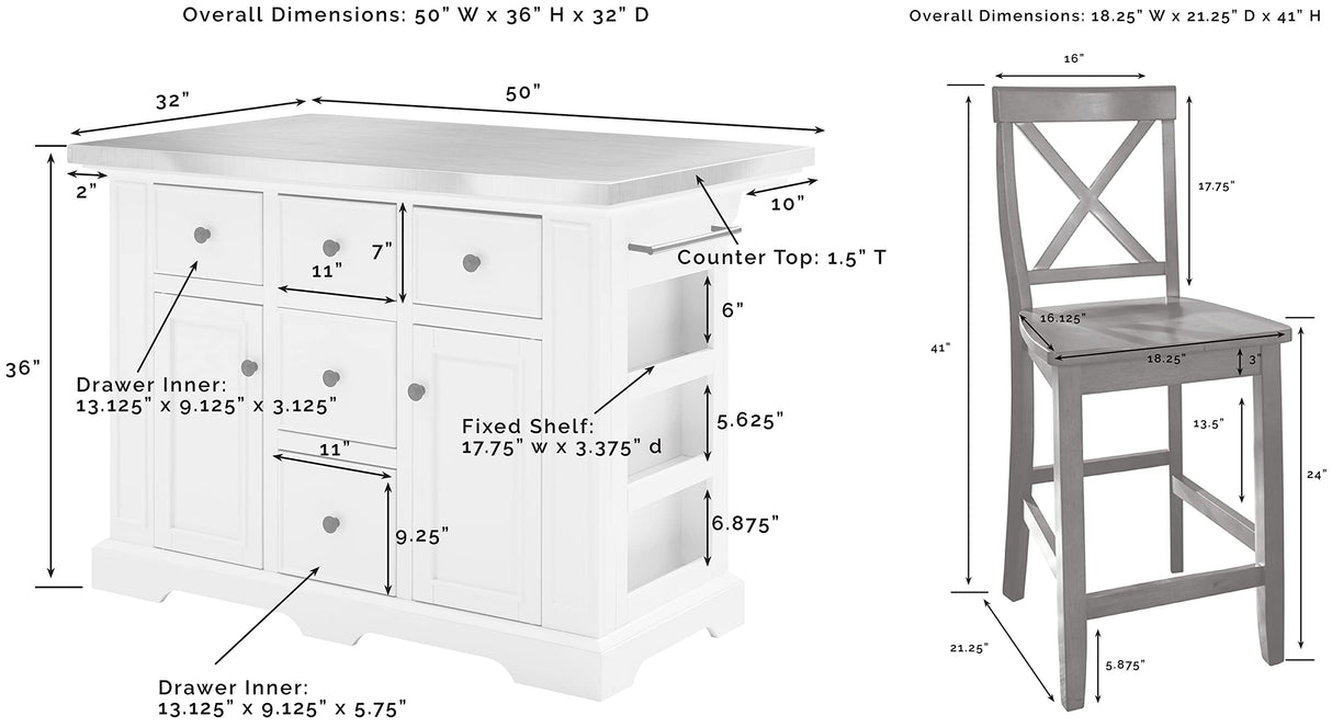 Crosley Furniture Julia Stainless Steel Top Island with Storage, Coffee Bar, and a Set of 2 X-Back Stools, White Crosley Furniture