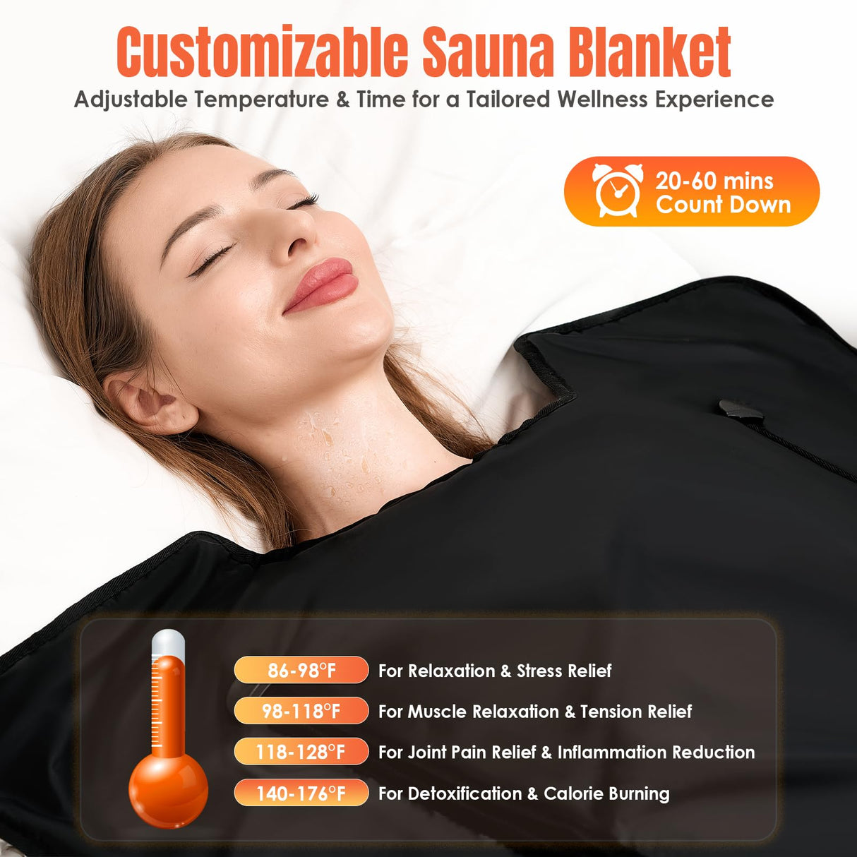 MIXC Infrared Sauna Blanket with Arm Holes for Home Use, Portable Design and Full Body Detox & Relaxation, Highest 176℉, 20-60 Minutes Timer, 6 ft x 2.65 ft Black MIXC