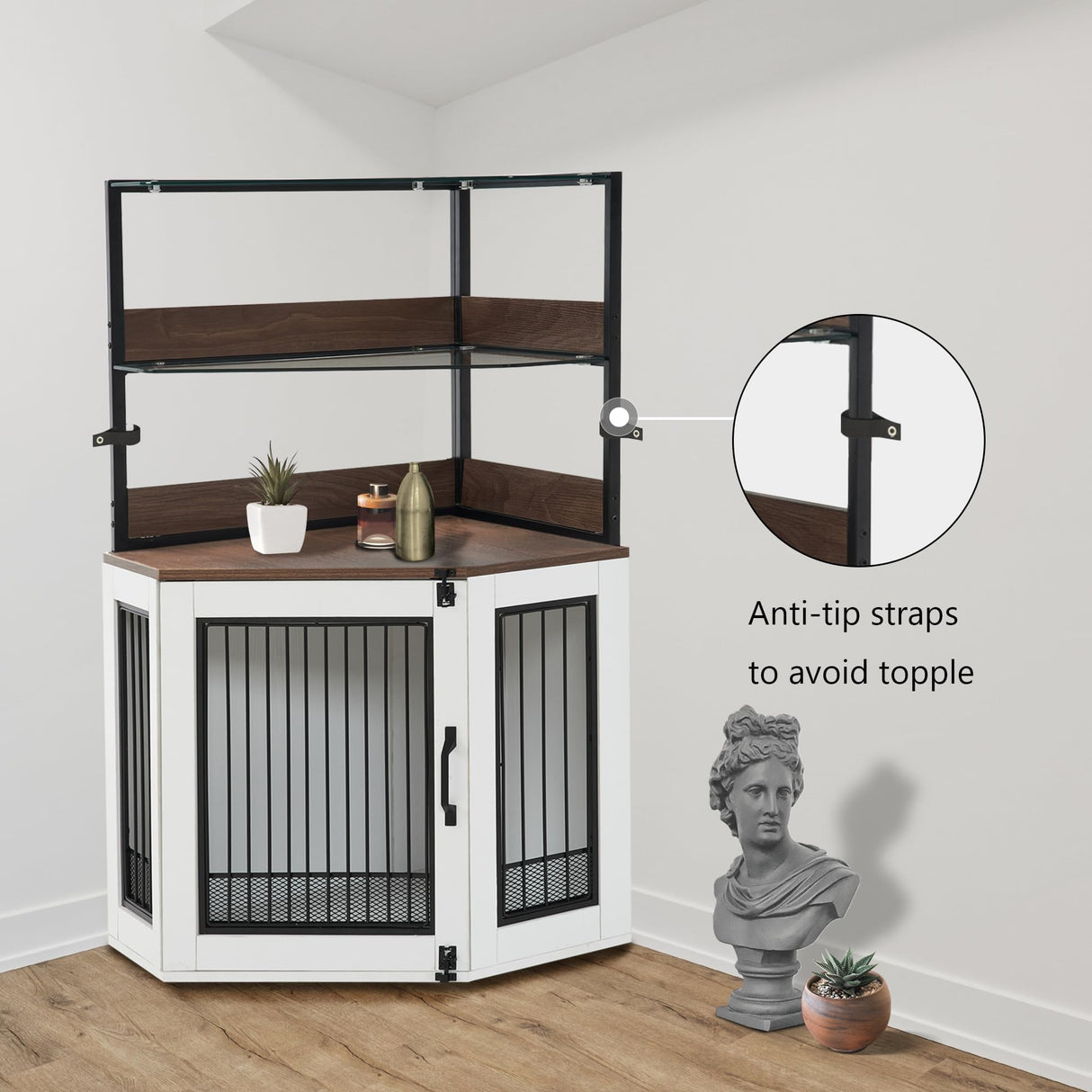 MCombo Small Corner Dog Crate Furniture with Glass Shelves, Wooden Dog Kennel Furniture with Door, Pet Crate Indoor Use, CN17 (White and Brown) MCombo