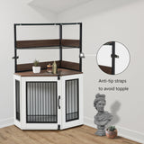 MCombo Small Corner Dog Crate Furniture with Glass Shelves, Wooden Dog Kennel Furniture with Door, Pet Crate Indoor Use, CN17 (White and Brown) MCombo